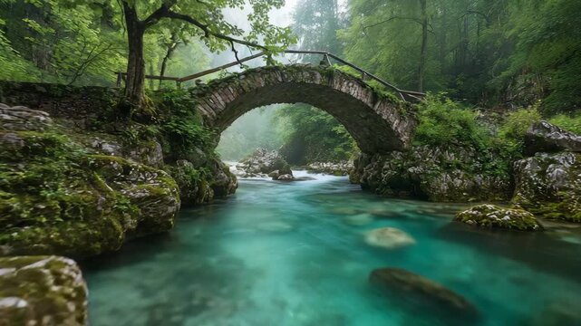 Ultra HD Enchanting stone bridge over the turquoise soca river in the julian alps, slovenia, stone bridge in the mountain video