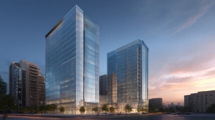 Modern glass skyscrapers silhouetted against a sunset sky urban architecture