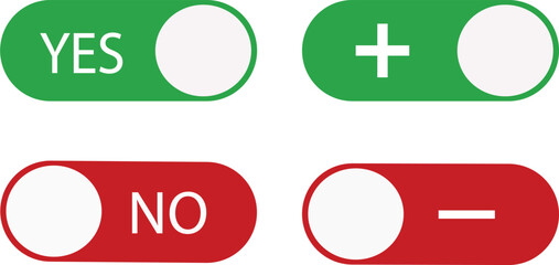 Collection of green and red user interface toggle switches with yes, no, plus, and minus symbols.