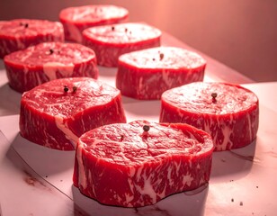 Fresh beef steaks on a marble surface
