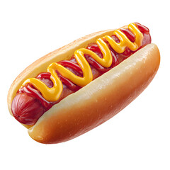 Hot Dog with Mustard and Ketchup in Fresh Bun, American Fast Food Icon, isolated on transparent background