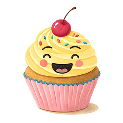 A colorful emoji-style cupcake with swirled frosting on top, in a paper wrapper, isolated on white background