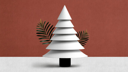 Fototapeta premium Minimalist collage paper tree with tropical leaf accents on textured backdrop joyful holiday composition