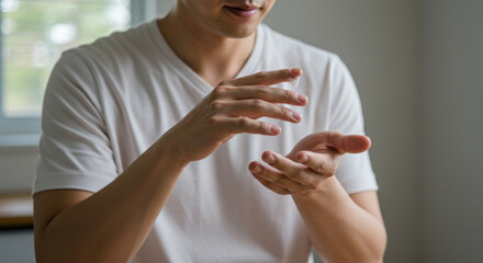 Man applying lotion to his hands in bright home setting, emphasizing personal care and hygiene. scene conveys sense of self care and cleanliness in comfortable environment