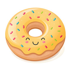 A cute emoji-style doughnut with colorful sprinkles and icing on top, round in shape, isolated on white background