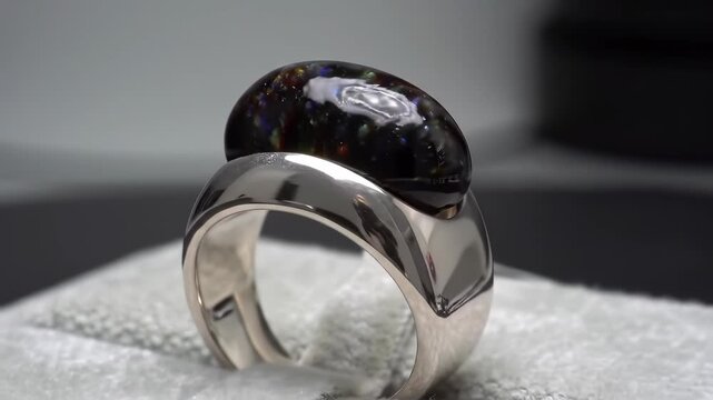Opal Ring: A radiant, modern sterling silver statement ring showcases an iridescent dark opal gem.