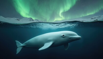 Naklejka premium Beluga whale swims underwater against aurora borealis landscape. Polar night sky glows over snowy mountains, waterline. Marine mammal floats, dives in ocean. Nature with arctic animal, underwater