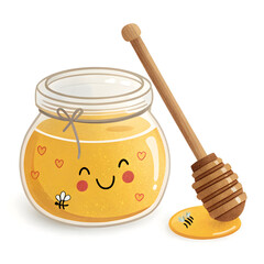 A cute emoji-style honey jar with a wooden dipper, filled with golden honey, isolated on white background, sweet