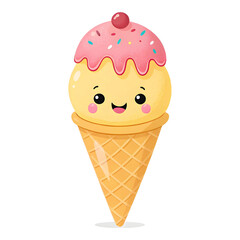 A cute emoji-style ice cream cone with a swirl of soft serve, in a waffle cone, isolated on white background, sweet