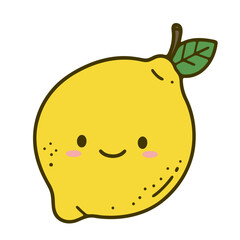 A cartoon lemon with a cute face and a small green leaf on top in a simple illustration style