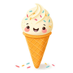 A cute emoji-style ice cream cone with a swirl of soft serve, in a waffle cone, isolated on white background, sweet