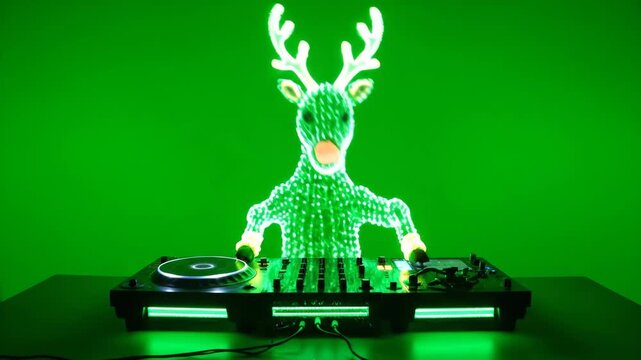Neon DJ Reindeer with Glowing Party Background - A vibrant green neon reindeer DJ stands behind a mixing console, set against a bright green chroma key background.