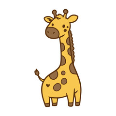 Illustration of a cartoon giraffe with brown spots standing upright on a white background image style