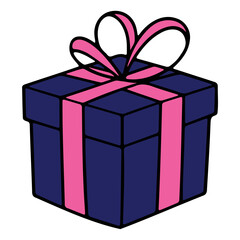 A wrapped gift with pink ribbon and bow on top a dark blue box for special occasions or celebrations