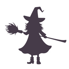 Silhouette of a witch with a hat and broomstick preparing for halloween night celebration scene image