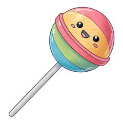 A colorful emoji-style lollipop with a swirl pattern on a stick, isolated on a white background, playful