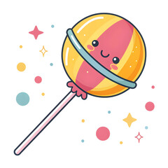 A colorful emoji-style lollipop with a swirl pattern on a stick, isolated on a white background, playful