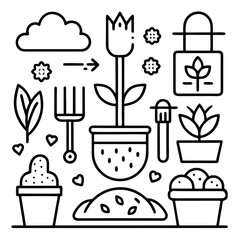 Minimal line art illustration of a garden with plants, trees, soil, and gardening tools, clean and modern eco design style