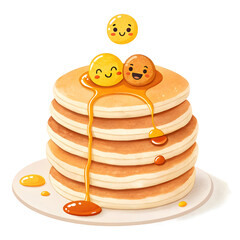 A stack of fluffy pancakes with dripping syrup emoji-style illustration, isolated on white background, delicious