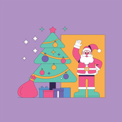 Santa Claus waving near Christmas Tree with gifts, modern holiday cheer, festive Christmas season greetings, fun and happy holiday, joyous celebration time