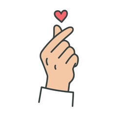 Illustration of a hand forming a heart shape with a small heart above it on a white background
