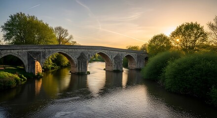 Fototapeta premium Ancient Stone Bridge Crossing a Calm River at Sunset.