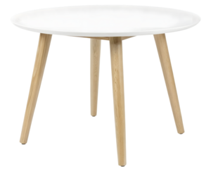 Modern white round coffee table with wooden legs isolated on transparent background