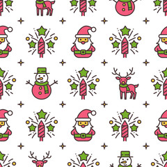 Christmas seamless vector pattern with Santa Claus, snowman, deer and fireworks on white background.