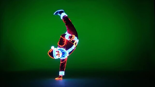 Neon Santa Breakdancing on Green Screen - A neon-outlined Santa Claus performs a breakdancing move against a green screen background.