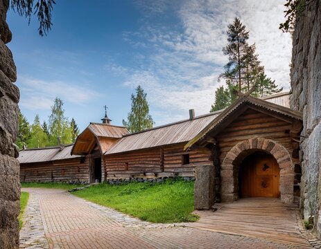 entrance to the monastery cells of the medieval valaam monastery on the island of valaam in karelia