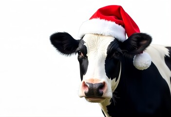 Black and white cow wearing a red Santa Claus hat, isolated on a plain white background, minimalistic Christmas concept