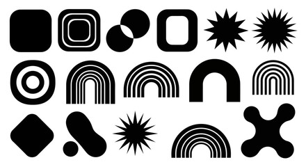 A collection of abstract geometric shapes and symbols in black and white, featuring rounded squares, circles, starbursts, and rainbow-like arches.