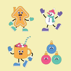 Festive Christmas Cartoon Characters: Gingerbread House, Snowman, Cocoa with Marshmallows, and Ornaments Spreading Holiday Cheer