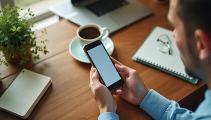 Person holds mobile phone with blank screen at wooden desk. Coffee cup, laptop, notebooks, green plant on table. Uses device for work, study, social media browsing. Modern home office, remote