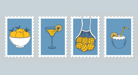 A set of four illustrated postage stamps depicting summer fruits, cocktails, and tropical drinks in a hand-drawn style.
