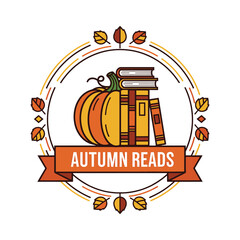 Autumn Reads logo with a pumpkin, stacked books, and fall leaves in a decorative circular frame with a banner.