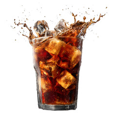 Chilled Cola with Ice Cubes and Splash Motion, Refreshing Drink, isolated on transparent background