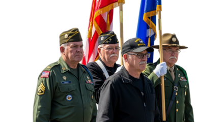 Photo of veterans in uniform with flags, isolated on transparent background