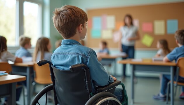 Boy in wheelchair attends school lesson. Students, teacher in classroom. Kid with disability listens at desk, looks at the board. Inclusive education, special needs for children, accessibility.