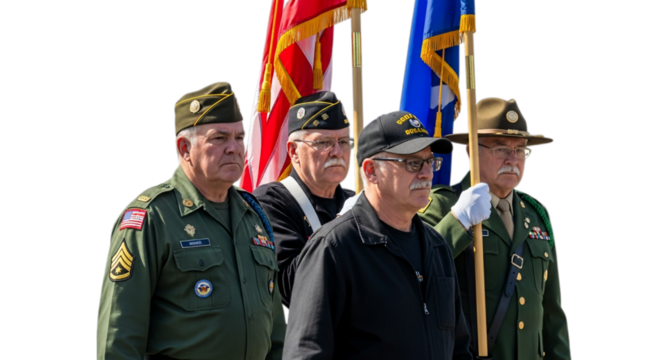 Photo of veterans in uniform with flags, isolated on transparent background