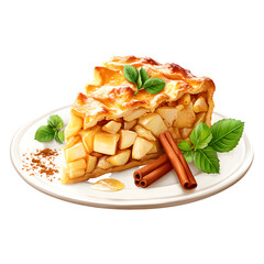 Delicious Apple Pie Slice with Cinnamon Garnish on Plate, Homemade Comfort, isolated on transparent background