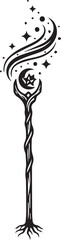 Elegant black and white silhouette of a magical wizard's staff or scepter, rooted like a tree branch, emitting a swirling vortex of stars and celestial power.