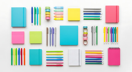 Overhead shot of colorful stationery items arranged neatly on a white surface, including notebooks, pens, sticky notes, and washi tape, creating a vibrant and organized workspace aesthetic isolated on