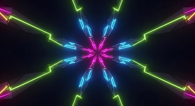 Abstract Neon Starburst Pattern of Geometric Shapes and Glowing Lines in Dark Space - Powered by Adobe