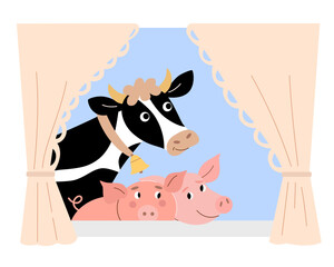 Black and white cow with bell and two pigs peer through a curtained window from farmyard into house. Cute vector children's illustration for photo album or regional grocery store design.