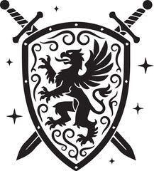 Regal black silhouette of a medieval crest featuring a rampant winged griffin emblazoned on an ornate shield, crossed with two swords and surrounded by sparkles.