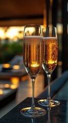 Two elegant flutes of sparkling gold champagne at sunset.