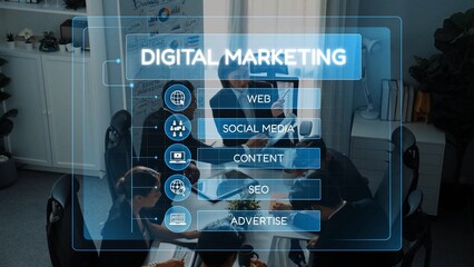 In a collaborative workspace, a team engages in a digital marketing discussion, utilizing modern visual tools to explore strategies for web, social media, content, SEO, and advertising. Raster