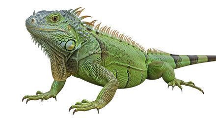 Isolated Green iguana, reptile, standing with eyes open on seamless background in studio shot