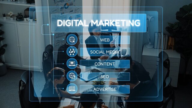 In a collaborative workspace, a team engages in a digital marketing discussion, utilizing modern visual tools to explore strategies for web, social media, content, SEO, and advertising. Raster